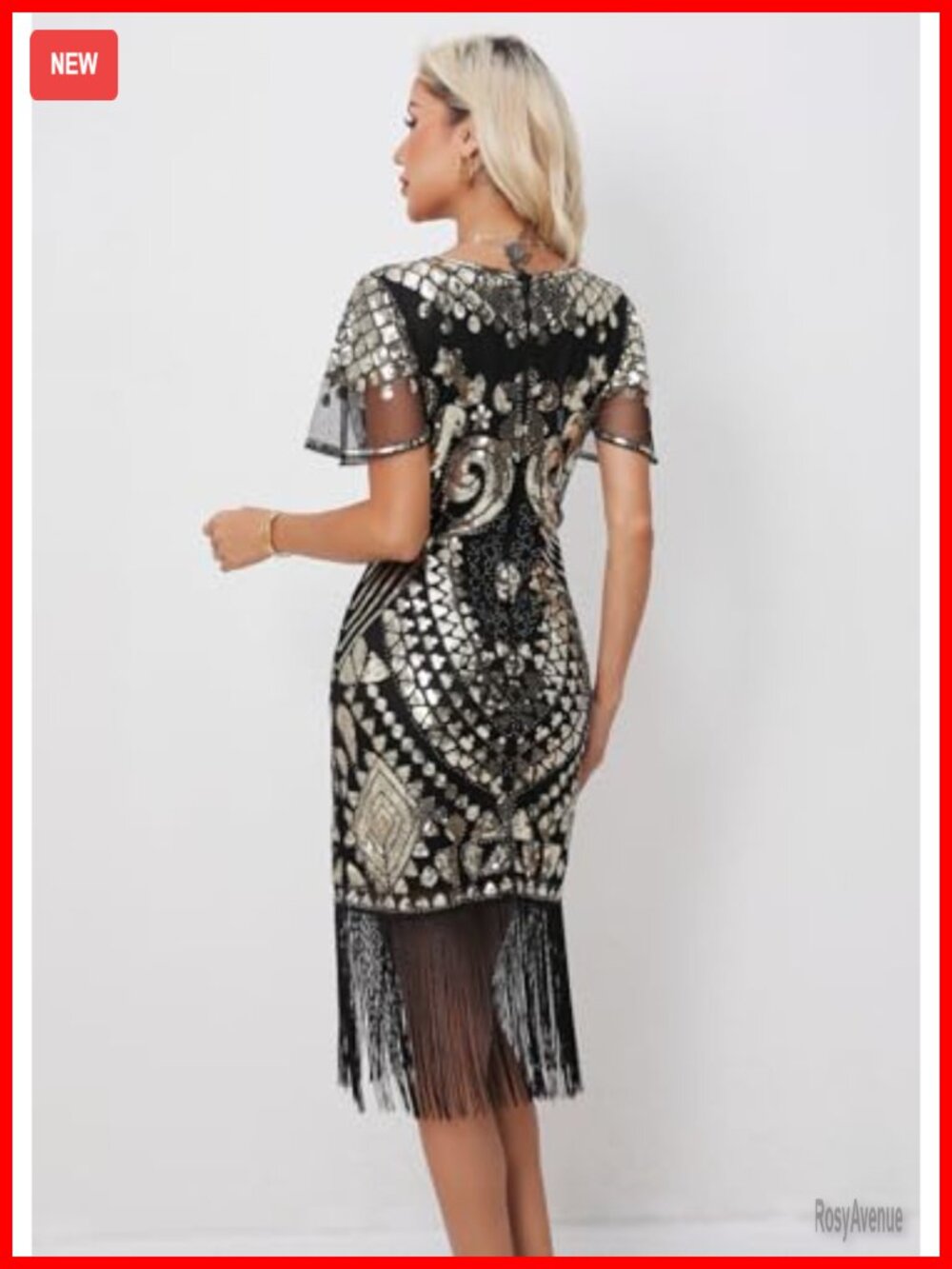 Sequin Beaded Flapper Dress Fringe Gatsby Party 1920s Vintage Gown - Picture 3 of 5